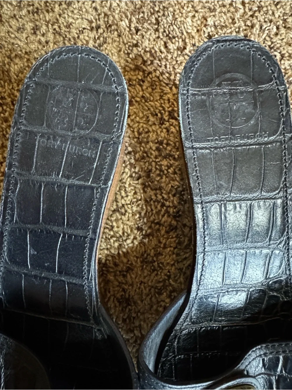 Tory Burch dark blue croc embossed leather slides with wedge heels Size 11